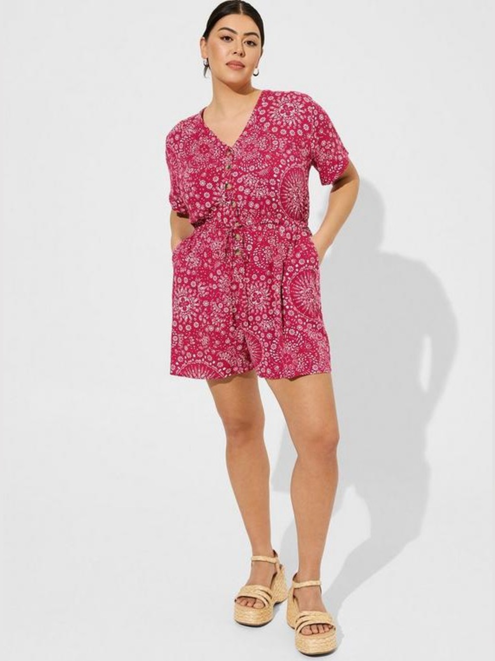 Torrid Rayon Slub Button Front Shorts Romper red&white print women’s size 1X